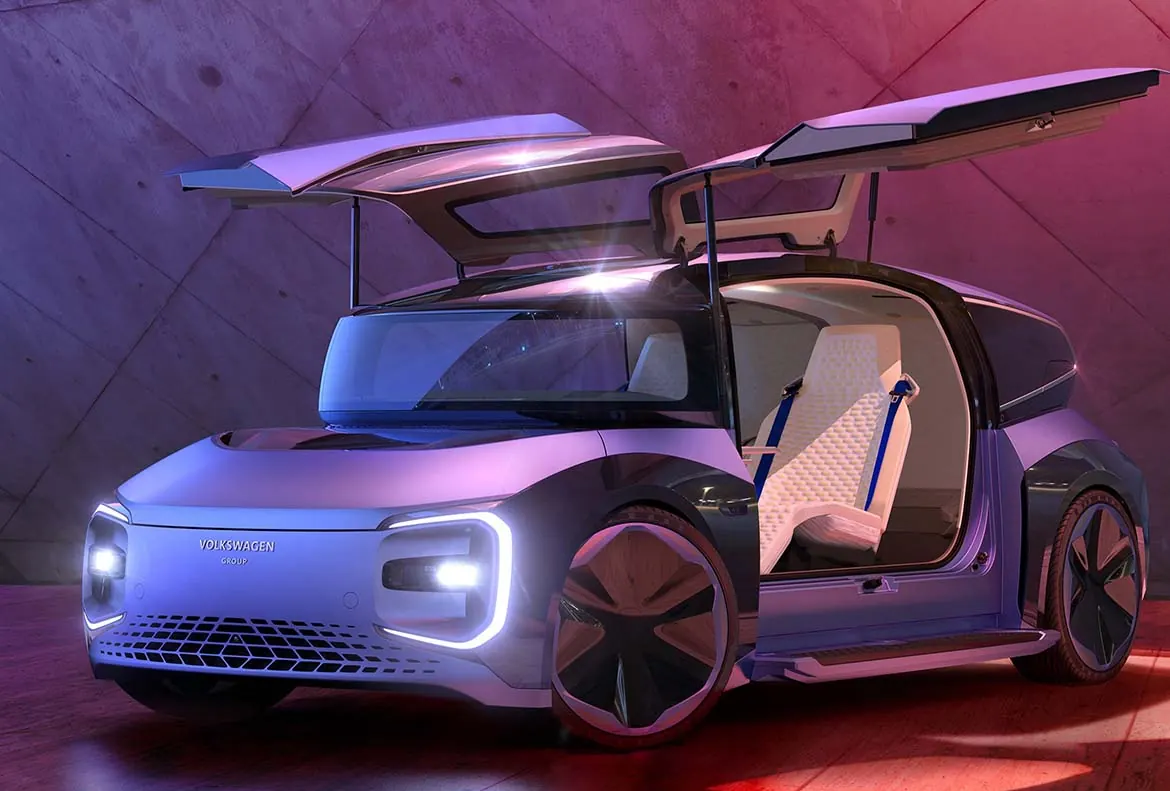 Volkswagen GEN.TRAVEL Konzeptfahrzeug mit geöffneten Flügeltüren in farbigem Licht, 3D-Rendering der Volkswagen AG