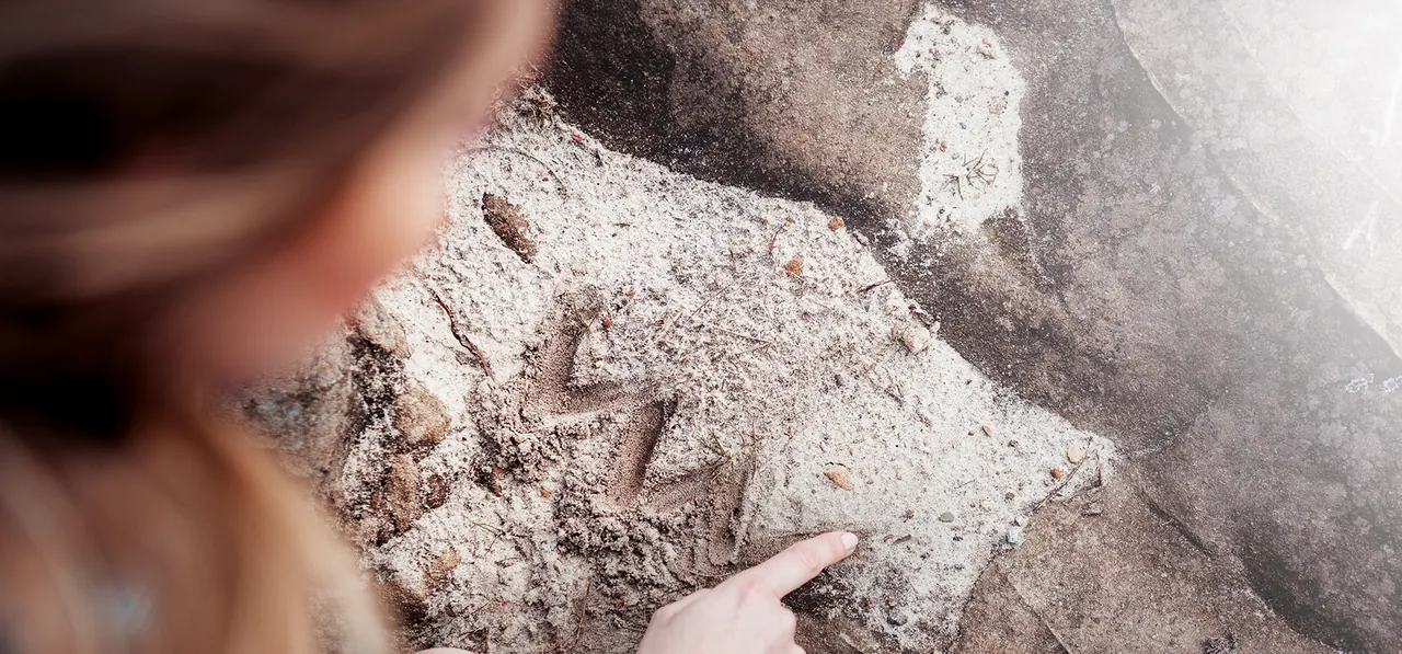Frau zeigt mit dem Finger auf eine Struktur in einem Felsen, Volkswagen-Kampagne