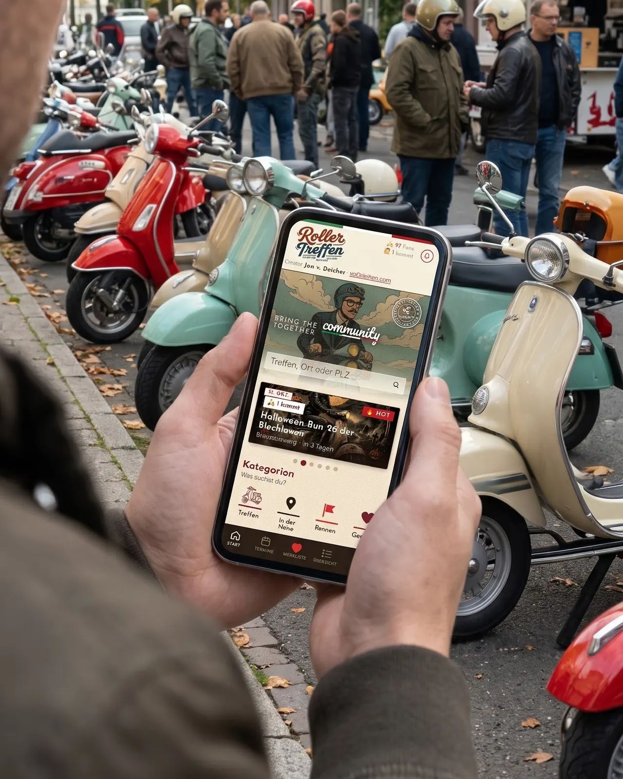 KI-Visualisierung: Rollertreffen-App auf dem Smartphone bei einem Vespatreffen